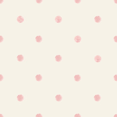 Watercolor pink polka dots seamless pattern on a beige background. Ideal for packaging, decor, textiles, and playful surface design collections. © Tatiana