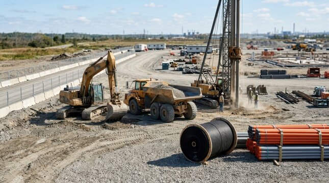 Preconstruction mobilization with earthmover, dump truck, pile driver, geotextile roll, gravel pad, fencing, and conduit on an industrial site.