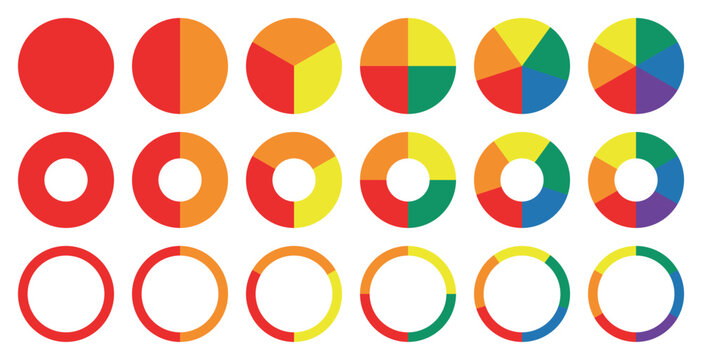 Circular charts and donut diagrams display growing color segments, creating flexible infographic templates for business reports, statistics, presentations, dashboards and data visualization projects