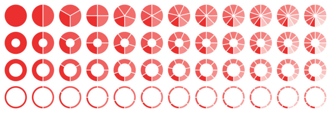 Monochrome red circular infographic set presents pie charts, donut charts and ring diagrams with increasing segments for business reports, dashboards, statistics, presentations and clean visual layout