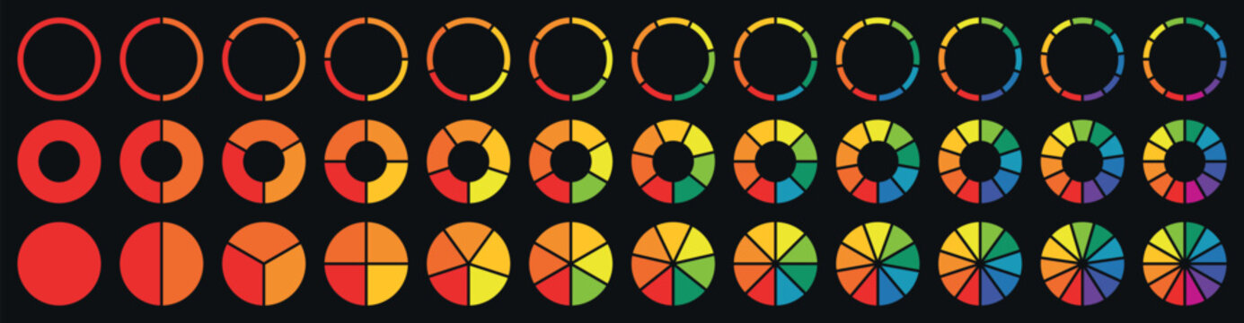 Bright segmented circular charts on dark background with colorful progress rings, pie diagrams and infographic elements for dashboards, reports, presentations and analytics visualization