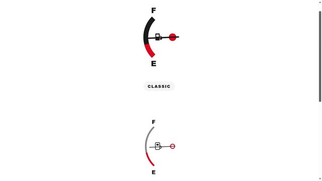 Classic and modern fuel gauge dropping to empty animation. Car dashboard low gas