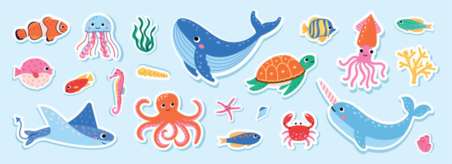 Cute sea animals sticker collection. Ocean animal vector set with whale, shark, turtle, octopus, jellyfish, fish, narwhal, crab and coral. Vector illustration isolated on white background. © Hanna Bykova