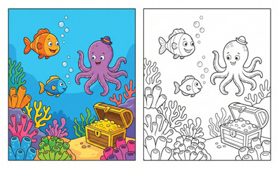 Fototapeta premium Underwater sea animal coloring sheet with colored sample set, cute octopus and treasure chest for kids