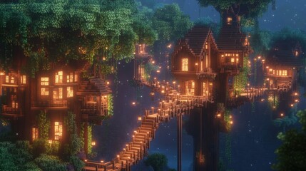Fototapeta premium Minecraft treehouse village at night: illuminated forest retreat
