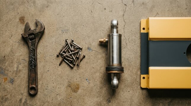Industrial timeline still life with grease-stained wrench, hydraulic cylinder, vintage rivets, and painted machine panel on concrete.