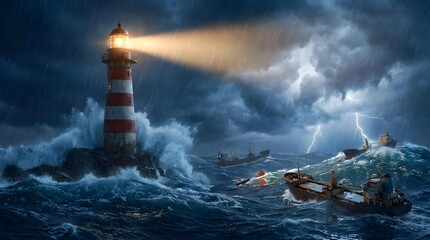 Lighthouse and ships in stormy ocean with lightning © detiyy