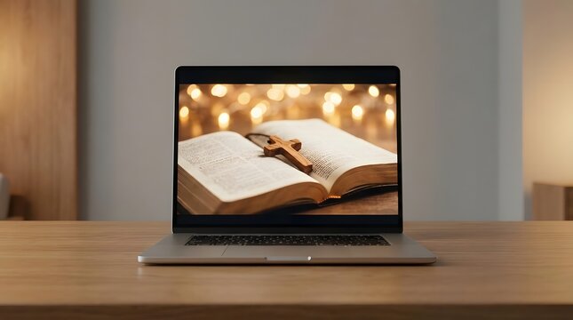 Laptop displaying open bible and wooden cross