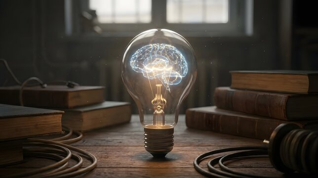Light bulb with glowing brain on wooden table
