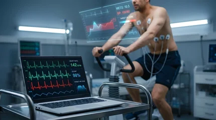 Man performing stress test on exercise bike with digital monitor © detiyy