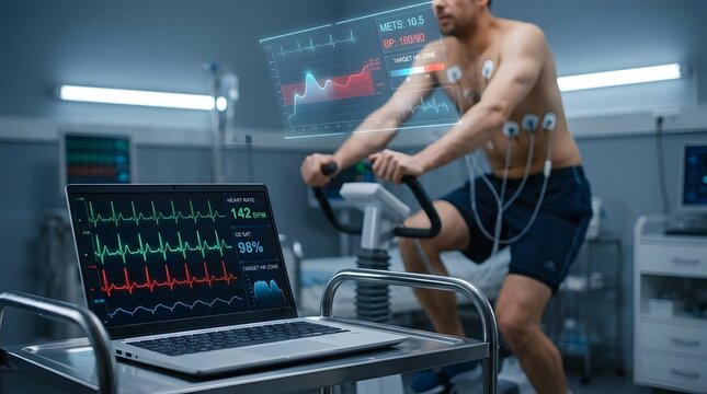 Man performing stress test on exercise bike with digital monitor