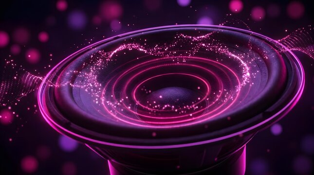 Speaker with magenta sound waves and particles