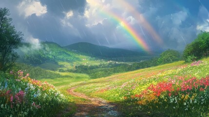 Obraz premium Vibrant spring meadow with rainbow, flowers, and mountains in rain