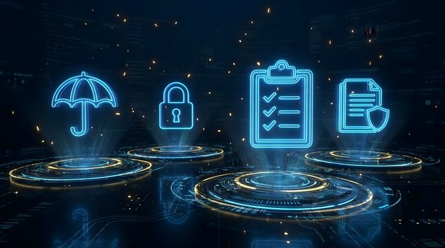 Glowing digital icons for security and insurance protection