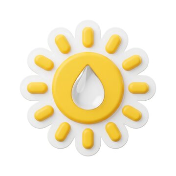 3D sun icon with water drop, yellow glossy weather symbol, stylized solar and hydration concept on white background