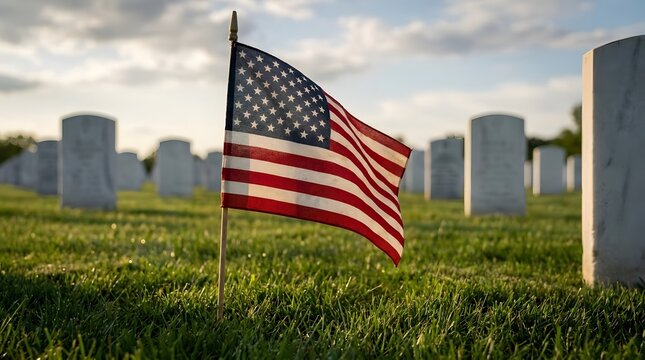 American flag in a cemetery with tombstones