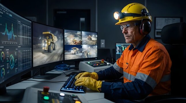 Mining worker monitoring heavy machinery in control room