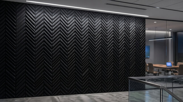 Black Herringbone Acoustic Foam Panels on Wall in Luxury Modern Office Interior Space