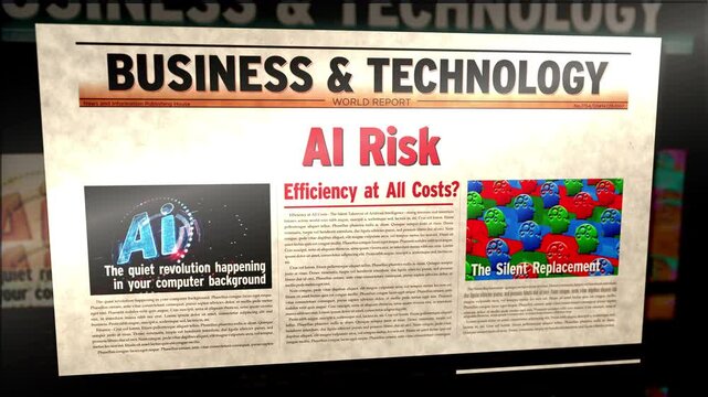 Ai risk breaking news. Artificial intelligence risks title headline newspaper. Information media print glitch 3d animation.