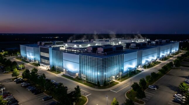 Modern industrial complex illuminated at night