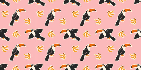 Obraz premium Retro hand drawn toucan seamless pattern. Cartoon style bird background illustration. Vintage exotic toucans textile print collection. Jungle animal texture.