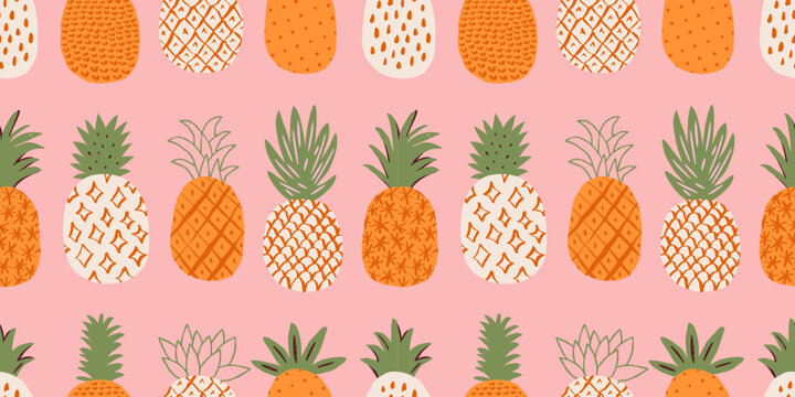 Hand drawn pineapple doodle seamless pattern illustration. Pink fruit print, summer vacation background in vintage art style. Tropical pineapples painting wallpaper texture.