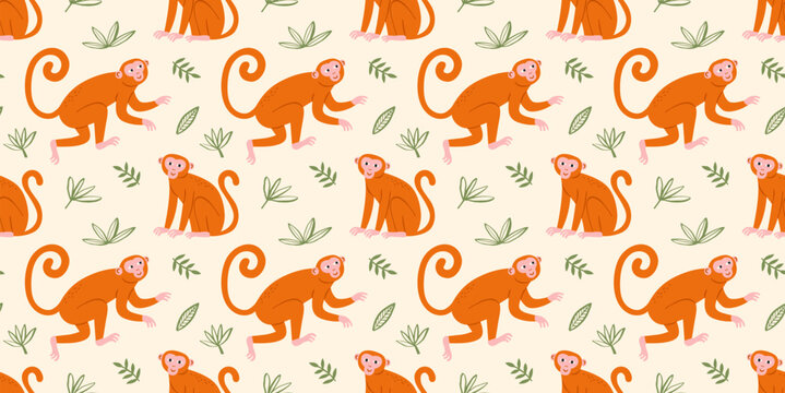 Retro hand drawn monkey seamless pattern. Cartoon style primate background illustration. Vintage exotic monkeys textile print collection. Jungle ape animal texture.