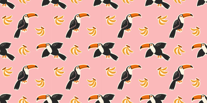 Retro hand drawn toucan seamless pattern. Cartoon style bird background illustration. Vintage exotic toucans textile print collection. Jungle animal texture.
