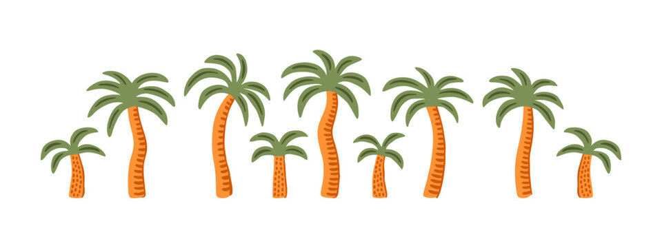 Hand drawn palm tree doodle element set. Colorful hawaiian clipart, isolated summer vacation collection in vintage art style. Tropical plant painting illustration bundle.
