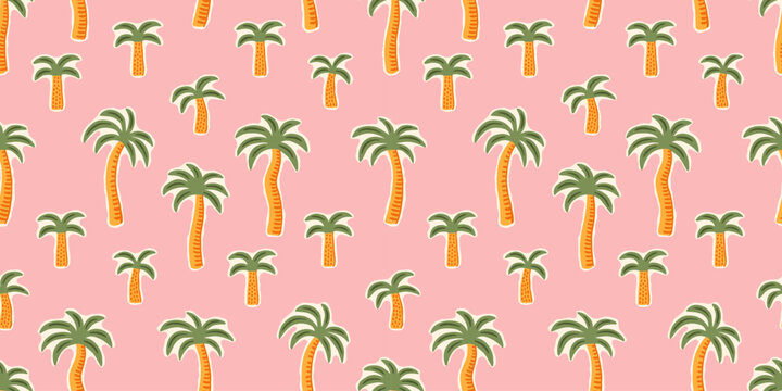 Hand drawn palm tree doodle seamless pattern illustration. Colorful hawaiian print, summer vacation background in vintage art style. Tropical plant painting wallpaper texture.