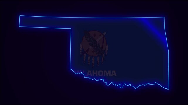 Oklahoma Map Outline Country Border on dark blue baground.  Neon Lights colorful animation transition. Flag of Oklahoma.  United States. Animation in neon style. Animated Video