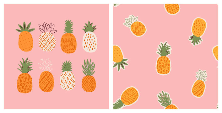 Hand drawn pineapple doodle seamless pattern illustration set. Pink fruit print, summer vacation background in vintage art style. Tropical pineapples painting wallpaper texture.