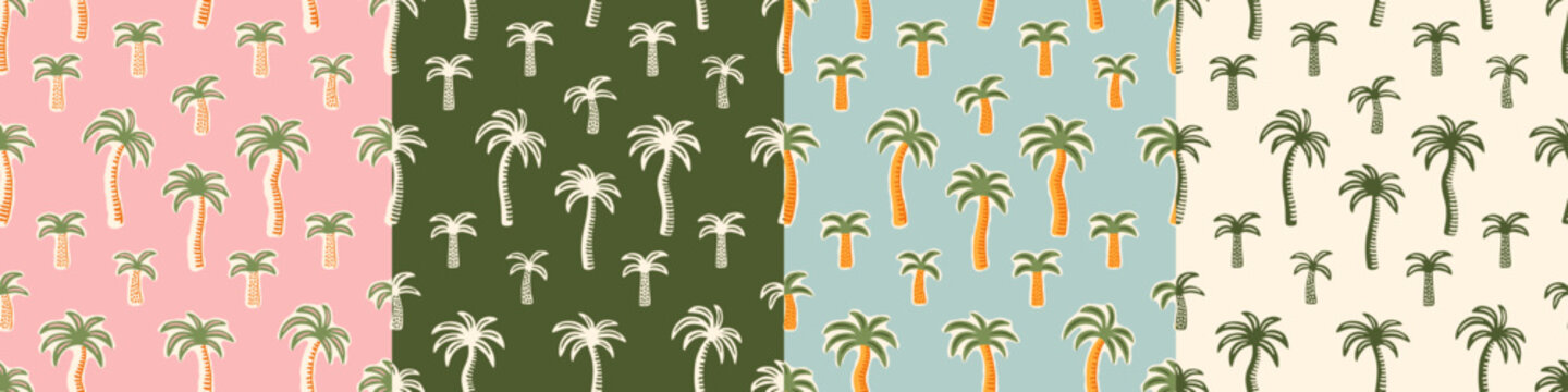 Hand drawn palm tree seamless pattern illustration set. Hawaiian print collection, summer vacation background in vintage art style. Tropical plant painting wallpaper texture.