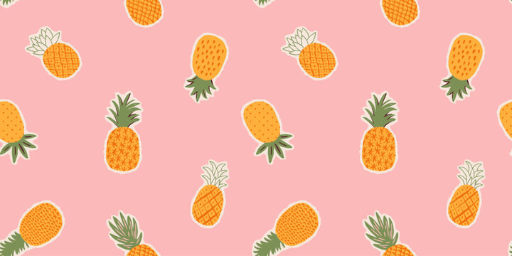 Hand drawn pineapple doodle seamless pattern illustration. Pink fruit print, summer vacation background in vintage art style. Tropical pineapples painting wallpaper texture.