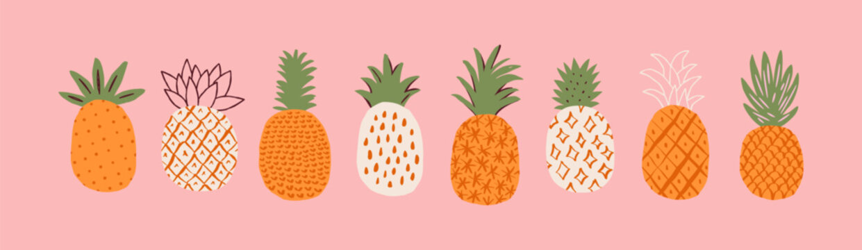 Hand drawn pineapple doodle illustration set. Fruit graphic collection, summer vacation artwork in funny art style. Tropical pineapples painting bundle.