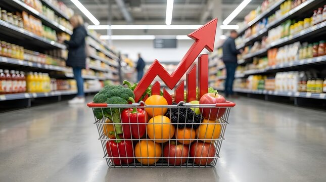 Grocery basket with fruit and rising inflation arrow