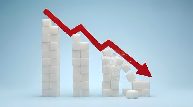 White sugar cube bar graph with red downward arrow