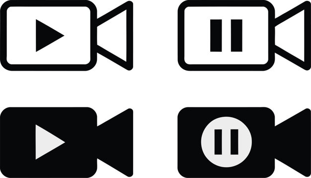 Media icon set, video player symbols, play button, pause icon, camera, film reel, and clapperboard icons for streaming design, websites, and mobile apps.