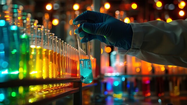Scientist in blue gloves holding a test tube filled with liquid for research and experiments