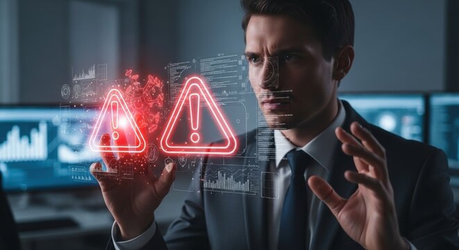 Cybersecurity alert system with glowing red warning icons, IT specialist monitoring digital data breach, network security threat detection interface