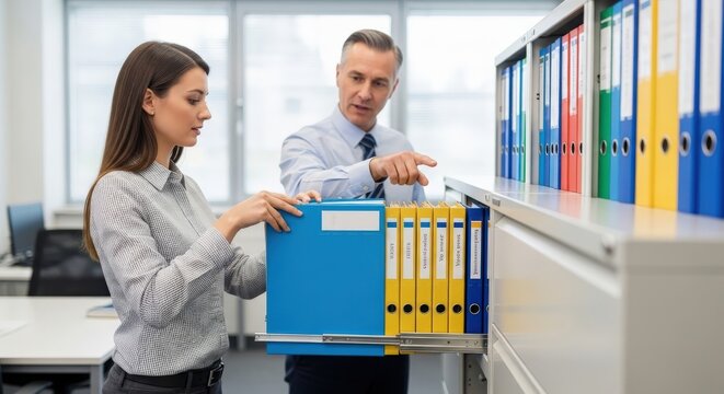 Professional office workers organizing document folders, business colleagues managing paper archives in storage room, corporate filing system