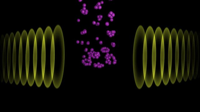 Acoustophoresis of multiple particles within sound field. 3d animation render.
