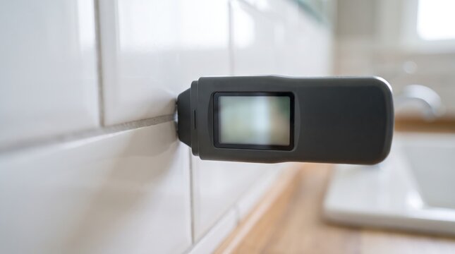 Digital thermometer inserted into white ceramic tile wall