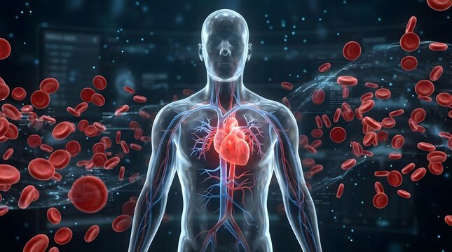 Human circulatory system with heart and blood cells