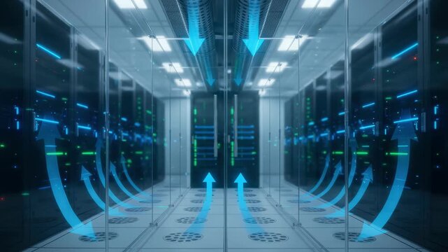 Closeup of cold aisle containment showing detailed airflow direction from overhead ducts and floor vents with server racks fading gently into the background blur.