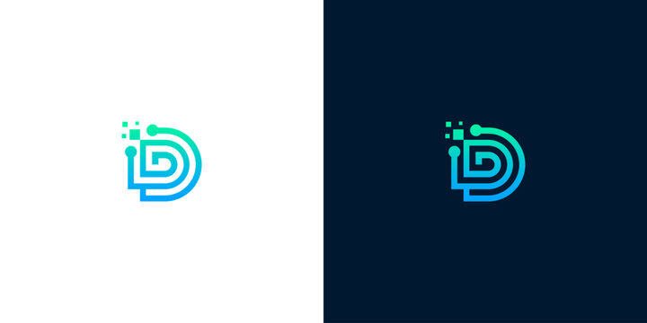 Modern letter D tech logo template with digital connection and circuit nodes on light and dark backgrounds