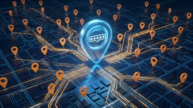 Digital map with glowing location pins and connections