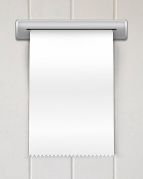 Blank white paper receipt mockup emerging from metal slot, realistic thermal printer paper roll, long empty bill template for retail or banking