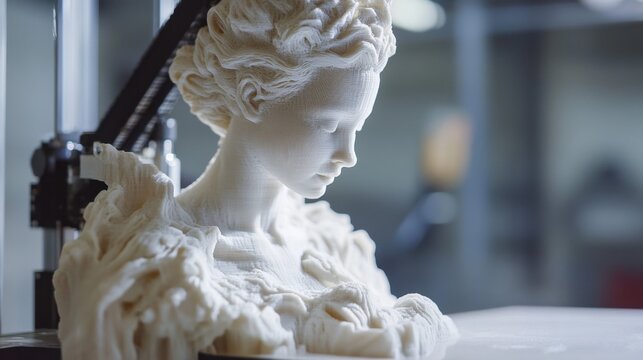 3d printer creating detailed white sculpture of classical bust