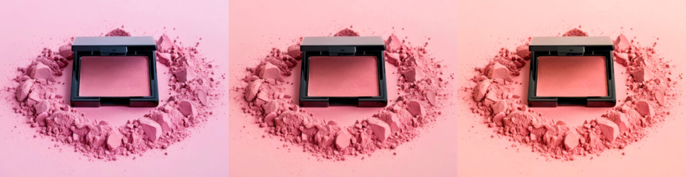 Bright pink blush for the face. A compressed cosmetic product. A crumbly cosmetic product. Transformation. Beauty.